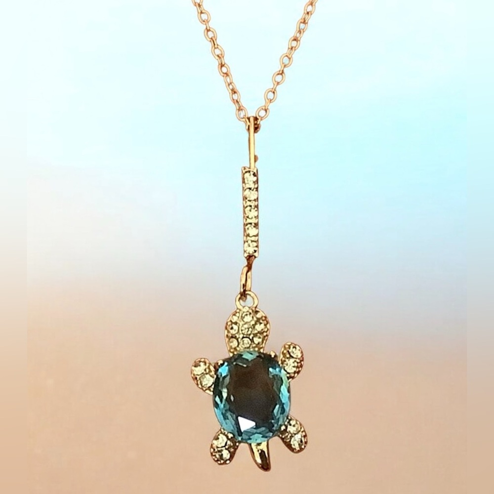 Gold Turtle Pendant Necklace with Aqua Blue Gemstone. NWT